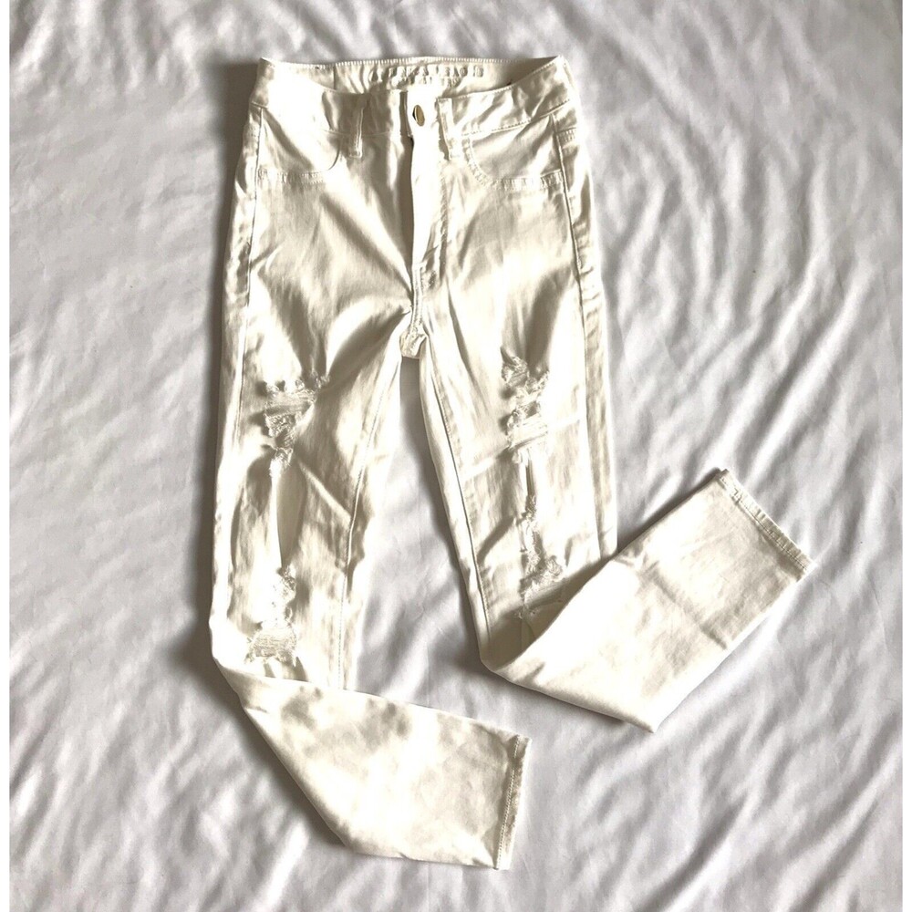 American Eagle Jeans SZ 2 Hi High Rise Jegging Crop White Denim Ripped Insm 25"